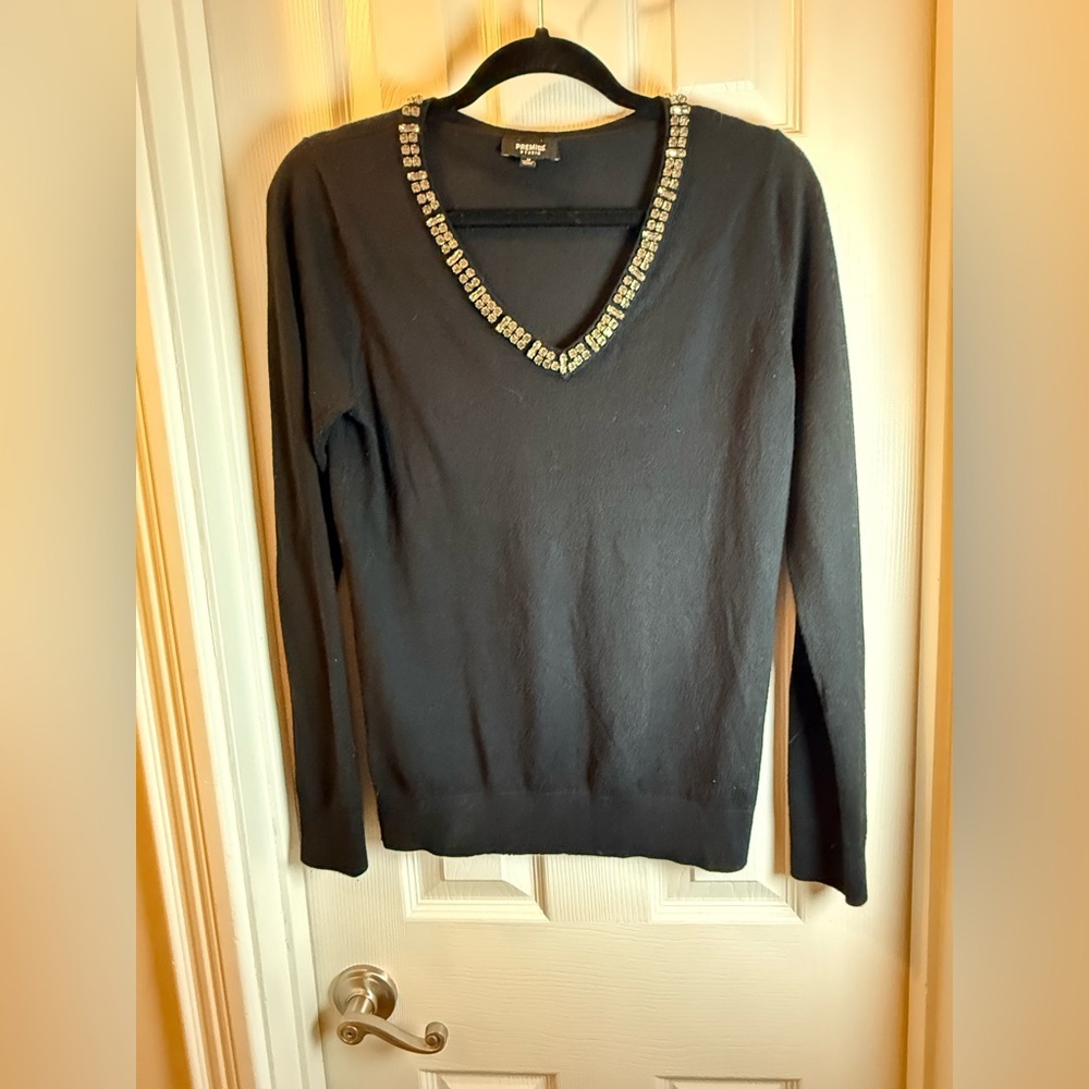 Old Money Rhinestone Embellished Premise Black V Neck Elevated Staple Date Night